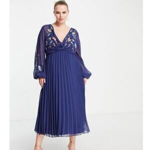 ASOS Curve Blue Pleated Midi Gown with Bishop Sleeves